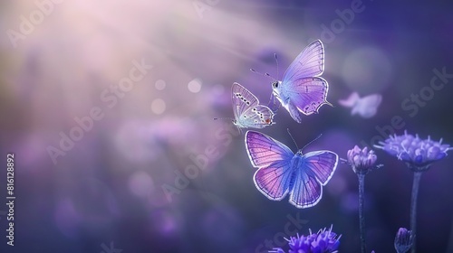   Purple butterflies flutter over a field of purple flowers, bathed in sunlight through cloudy skies © Nadia