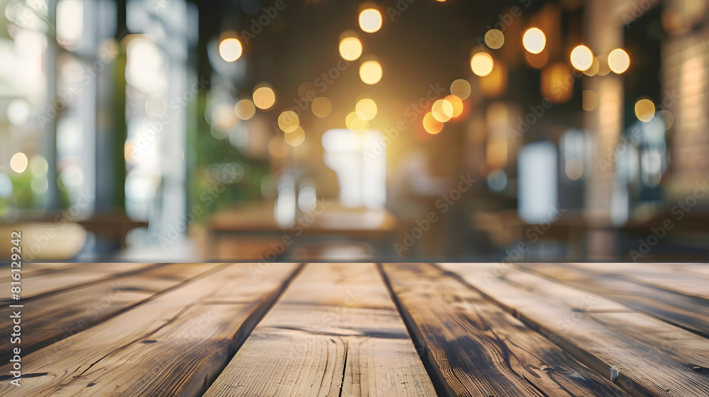 Empty wood table with blur interior coffee shop restaurant or cafe for background : Generative AI Empty wood table with blur interior coffee shop restaurant or cafe for background : Generative AI