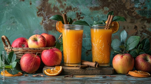   Two orange-glasses beside apple-basket and orange-sliced, cinnamoned atop wood table photo
