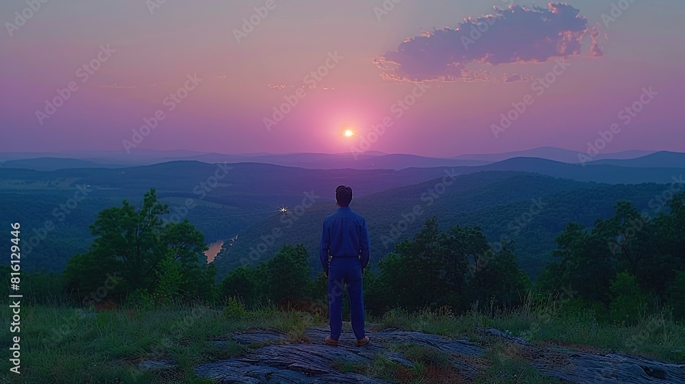   A man stands atop a hill, gazing upon the setting sun over a verdant valley surrounded by majestic mountains