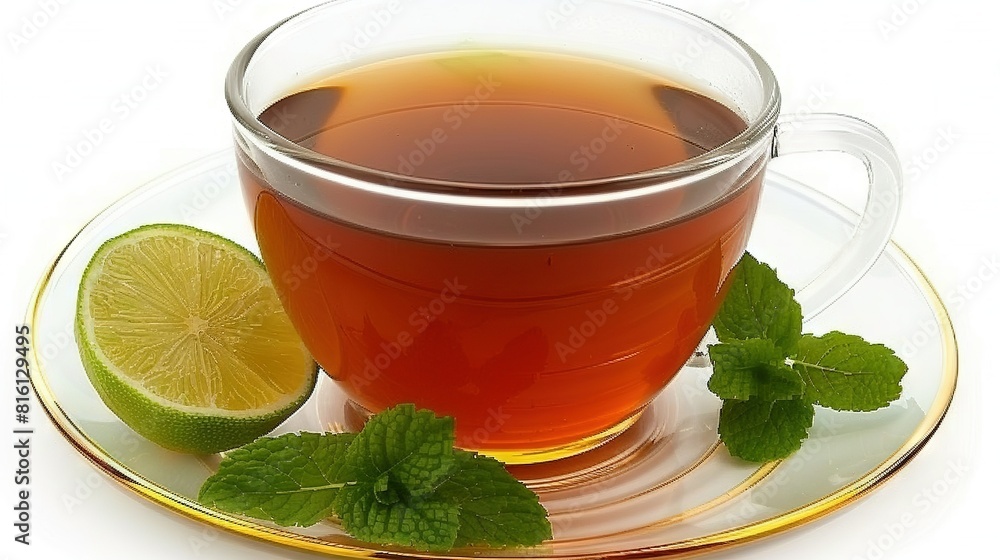 A cup of tea with a slice of lime on a saucer, and a cup of tea on a different saucer A cup of tea with a slice of lime on a saucer, and a cup of tea on a different saucer
