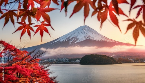 Colorful Autumn Season and Mountain Fuji with morning fog and red leaves at lake Kawaguchiko is one of the best places in Japan. AI generated