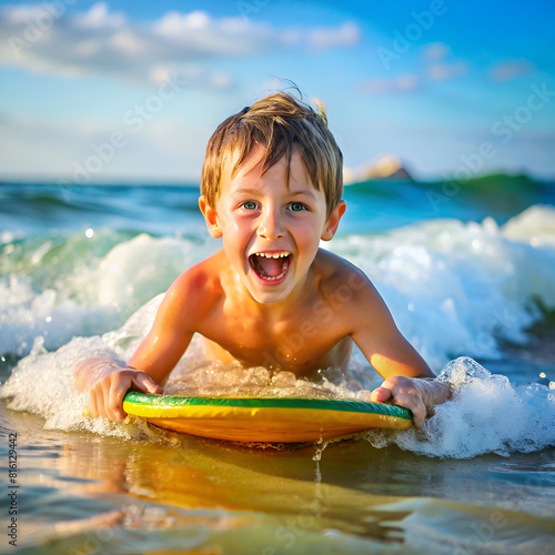 A child enjoys the surf, riding a blue and yellow boogie board on a sunny day