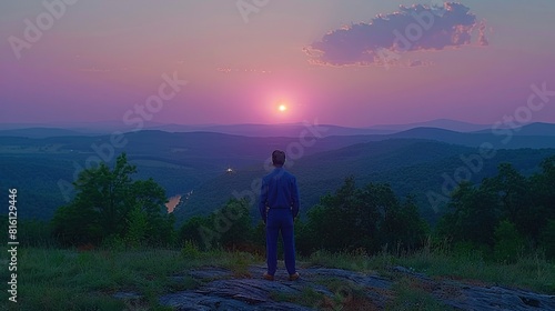 A man stands atop a hill, gazing upon the setting sun over a verdant valley surrounded by majestic mountains