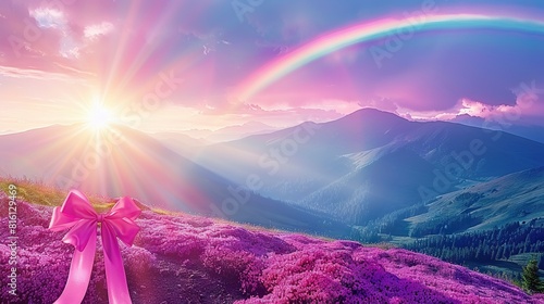   A lush green hillside with rainbow-colored mountains and a pink bow nestled on its side photo