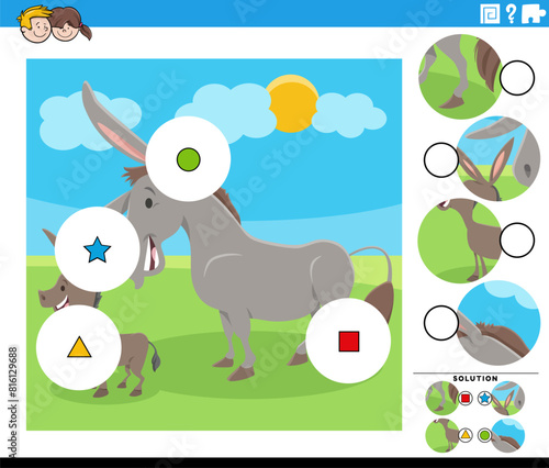 match the pieces activity with cartoon donkey and foal farm animals © Igor Zakowski