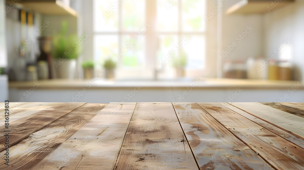 Empty Beautiful wood table top and blur bokeh modern kitchen interior background in clean and bright Ready for product montage : Generative AI Empty Beautiful wood table top and blur bokeh modern kitchen interior background in clean and bright Ready for product montage : Generative AI