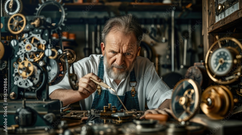The picture of the adult professional watchmaker working inside workshop that has been filled with various kind of clock and watch, watchmaker need to use concentration and accuracy fix clock. AIG43.