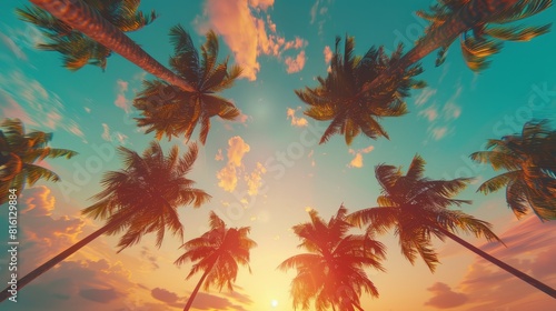 Smoothly moving infinite road with palm trees on both sides with a sunset sky in a bottom view Background. Green palm trees. Vertical video background, vertical video, hyper realistic  © Johannes