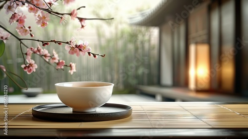  A white bowl rests atop a wooden table, beside a vase brimming with pink blossoms