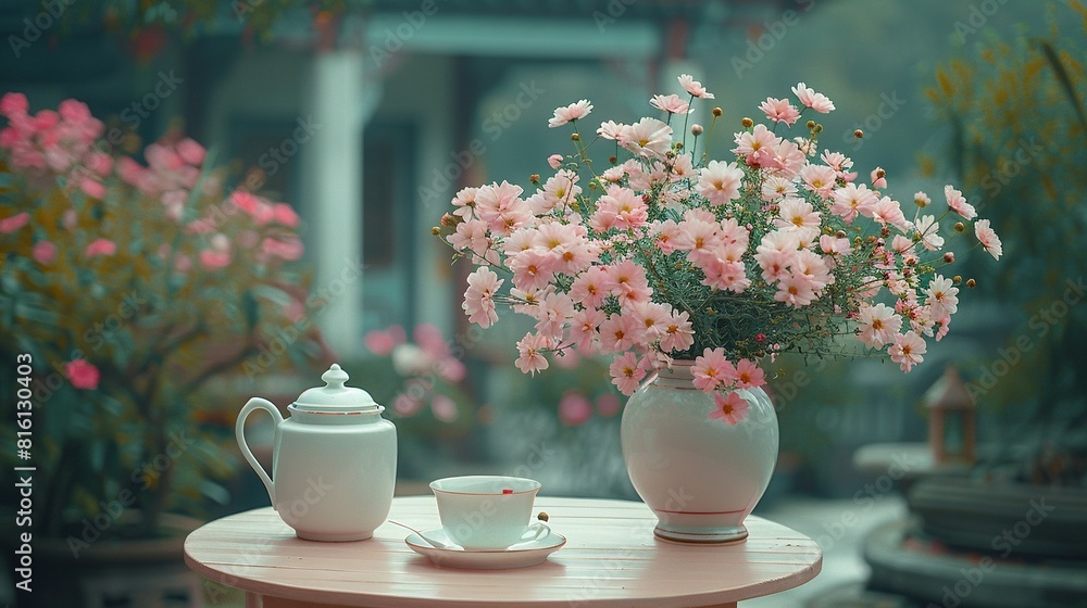 A vase brimming with pink blooms perched on a table beside a cup and saucer placed on another tabletop A vase brimming with pink blooms perched on a table beside a cup and saucer placed on another tabletop