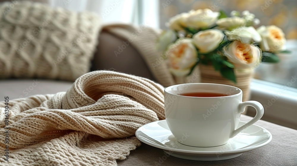 A cup of tea sits on a saucer beside a blanket and vase with flowers on a window ledge A cup of tea sits on a saucer beside a blanket and vase with flowers on a window ledge