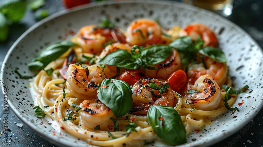 A platter featuring pasta with shrimp & basil, topped by juicy tomatoes & fresh basil A platter featuring pasta with shrimp & basil, topped by juicy tomatoes & fresh basil