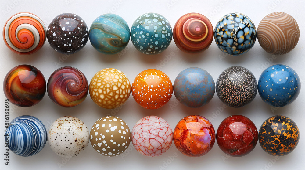 A collection of colorful, patterned spheres arranged in rows on a white background, showcasing a variety of textures and designs. A collection of colorful, patterned spheres arranged in rows on a white background, showcasing a variety of textures and designs.