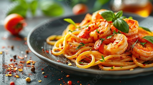   Plate of Pasta with Shrimp  Tomato Sauce  Basil and Parsley Garnish