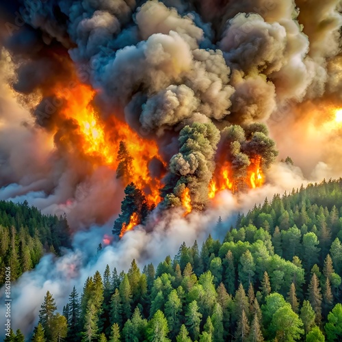 Intense wildfire engulfing a forest, with thick smoke and bright flames illuminating the darkening sky