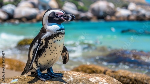 Striking image featuring an adult penguin on a coastal rock basking in sunlight with azure ocean behind