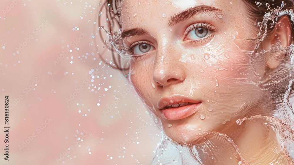 Young woman with clean skin and splashes of water around her face, solid pastel background. Spa treatment, keeping hydrated, skincare routine. hyper realistic Young woman with clean skin and splashes of water around her face, solid pastel background. Spa treatment, keeping hydrated, skincare routine. hyper realistic
