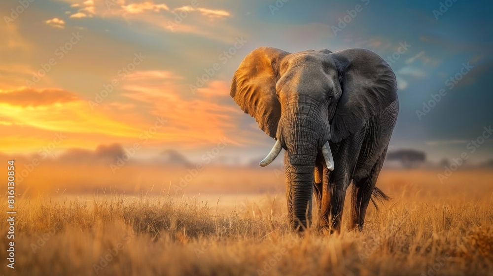 Fototapeta premium A breathtaking view of a solitary African elephant standing amidst the grasslands with a golden sunset in the background