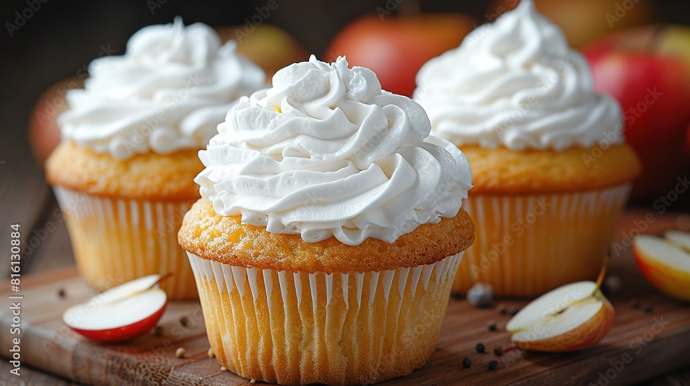 Three cupcakes with white frosting on a wooden cutting board surrounded by apple slices in the background Three cupcakes with white frosting on a wooden cutting board surrounded by apple slices in the background