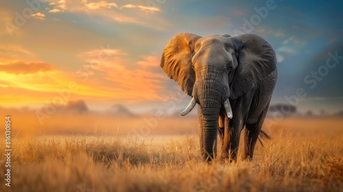 A breathtaking view of a solitary African elephant standing amidst the grasslands with a golden sunset in the background