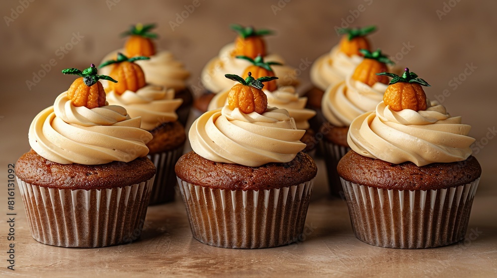   A group of cupcakes with frosting on top of each one and a pumpkin on top of one