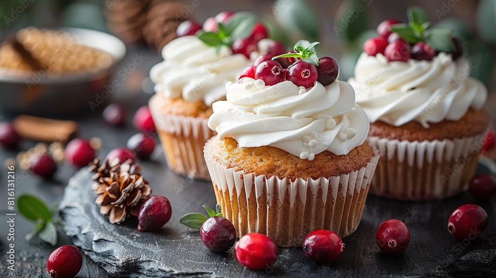 Three cupcakes with white frosting and cranberries on a black plate, surrounded by cranberries and pinecones Three cupcakes with white frosting and cranberries on a black plate, surrounded by cranberries and pinecones