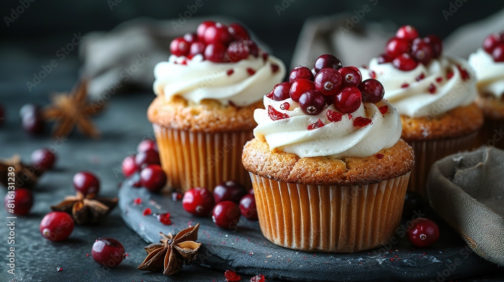 Close-up of cupcakes with frosting and pomegranates on a table Close-up of cupcakes with frosting and pomegranates on a table