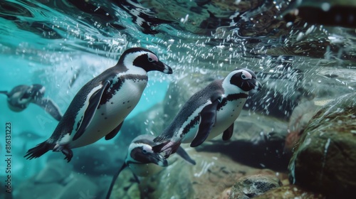 Three penguins are captured in motion  playfully swimming underwater with visible air bubbles and rocks