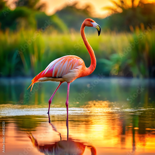 A vibrant flamingo stands gracefully in tranquil waters against a stunning sunset backdrop
