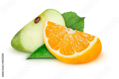 Apple and orange slices on isolated white background