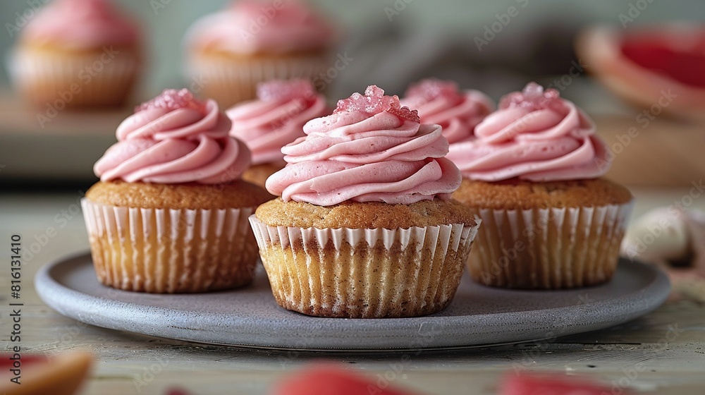 A zoom-in image of a platter adorned with cupcakes and featuring vibrant pink frosting A zoom-in image of a platter adorned with cupcakes and featuring vibrant pink frosting