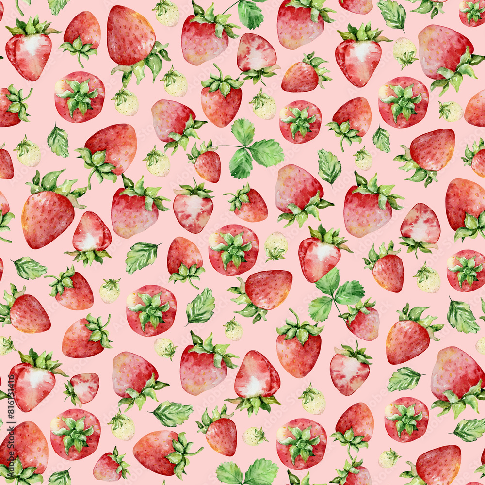 Seamless pattern of bright watercolor strawberries and leaves Seamless pattern of bright watercolor strawberries and leaves
