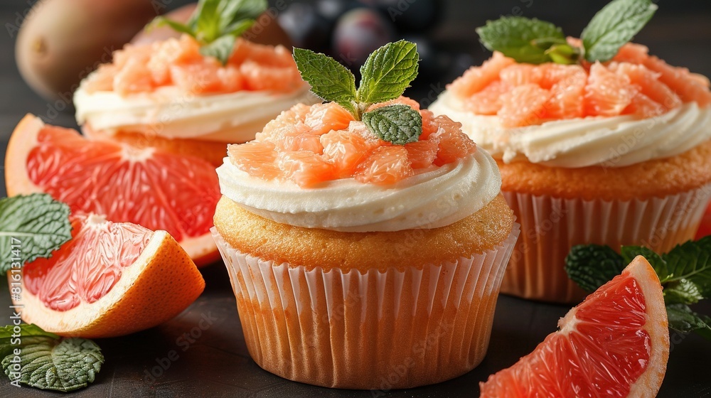 A close-up of cupcakes with frosting and a grapefruit on a table with sliced grapefruit A close-up of cupcakes with frosting and a grapefruit on a table with sliced grapefruit