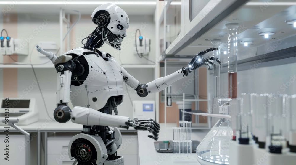 A humanoid robot working in a futuristic laboratory interacting with laboratory equipment. Created with Generative AI.