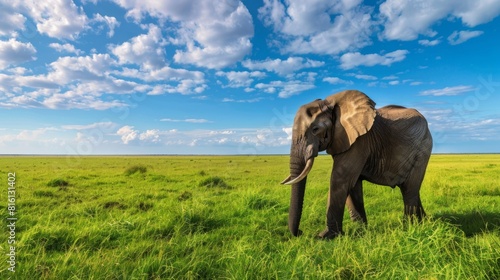 Majestic African elephant stands under the expansive blue sky of the savannah  illustrating the grandeur of the wild