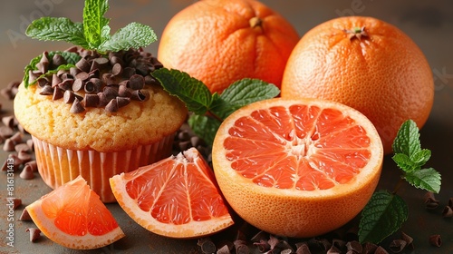   A muffin topped with chocolate chips is placed beside sliced grapefruit on a table