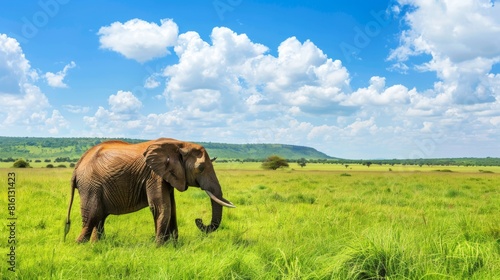 An elephant, rich in detail and contrast, walks leisurely across the vibrant green grasslands of Africa photo