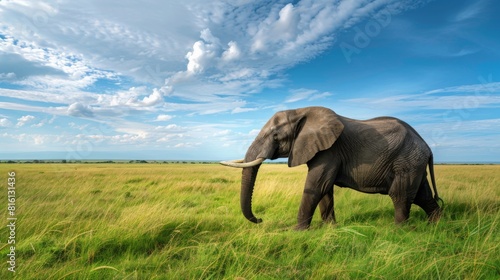 A solitary elephant stands against the dramatic sky and endless horizon  evoking feelings of contemplation