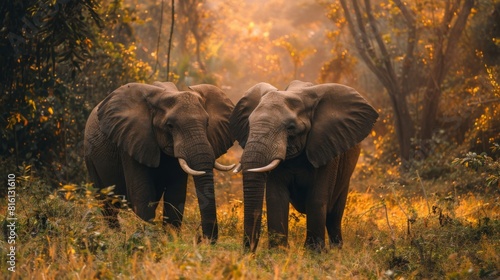 Two powerful elephants stand face to face bathed in the warm  golden light of a sunset in the forest