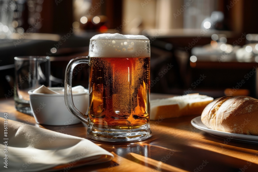 Shot pint of beer with white smooth foam and slices of bread on plate on wood table. Shot pint of beer with white smooth foam and slices of bread on plate on wood table.