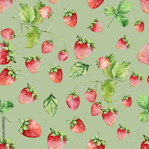 Seamless pattern of watercolor strawberries on a branch with leaves © SvetaArt