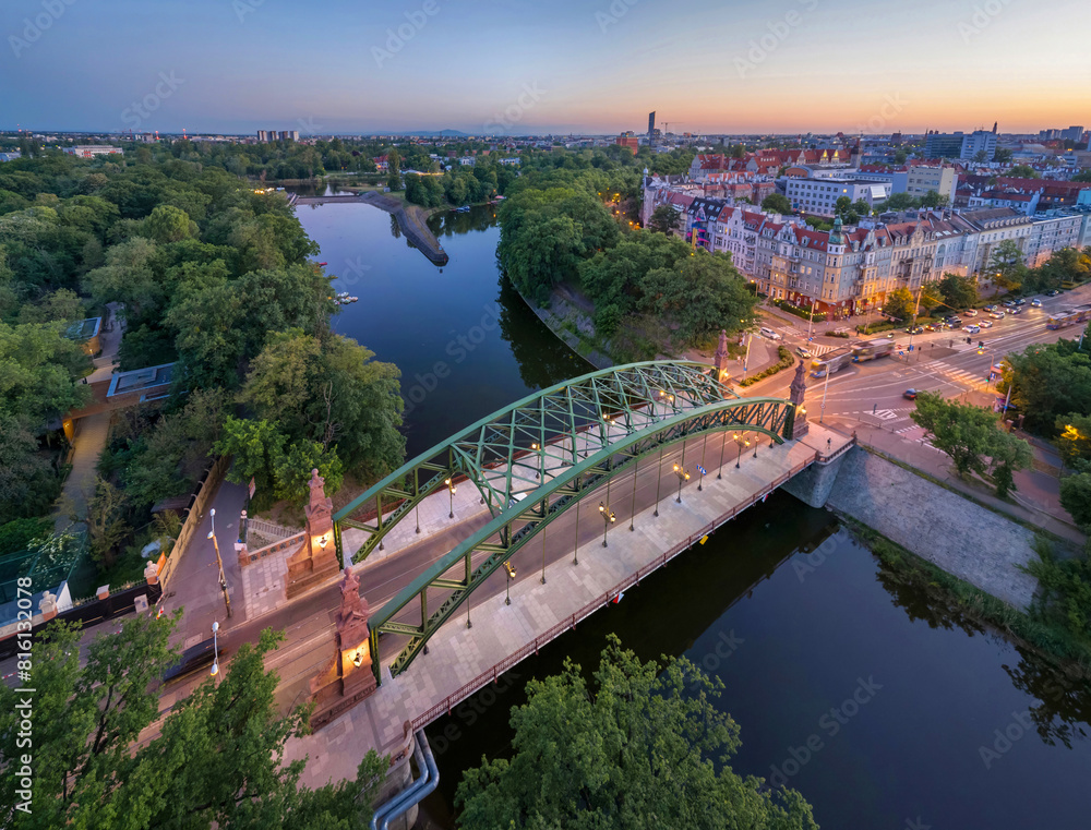 Wroclaw, Poland. Aerial view of Zwierzyniecki Bridge on sunset