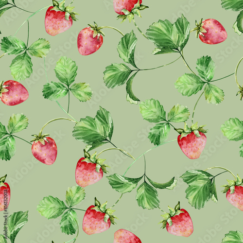 Seamless pattern of bright watercolor strawberries on a branch with leaves © SvetaArt