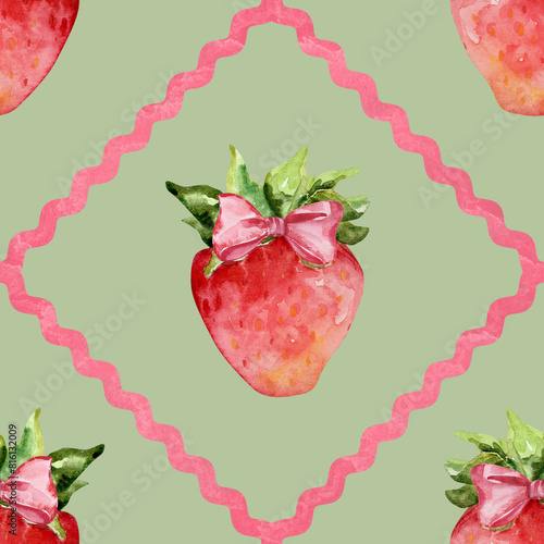 Seamless pattern of watercolor strawberries with a bow in a geometric frame © SvetaArt