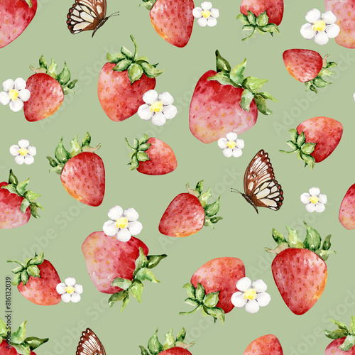 Seamless pattern of watercolor strawberries, flowers and butterflies © SvetaArt