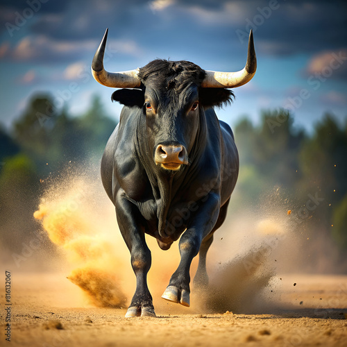 A powerful bull charges forward, kicking up dust against a backdrop of blue sky and clouds
