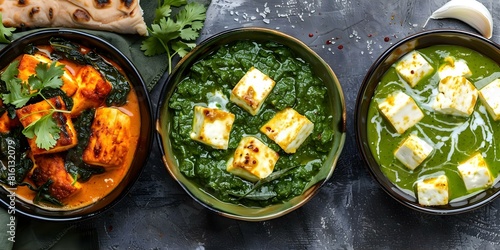 Exploring the Delicious World of Indian Paneer Dishes: Paneer Cheese, Palak Paneer, and Paneer Curry. Concept Indian Cuisine, Paneer Dishes, Cooking Tips, Flavorful Recipes, Vegetarian Delights photo