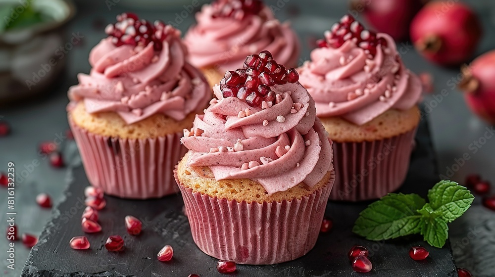 A table topped with a cluster of cupcakes adorned in pink frosting and garnished with pomegranates A table topped with a cluster of cupcakes adorned in pink frosting and garnished with pomegranates