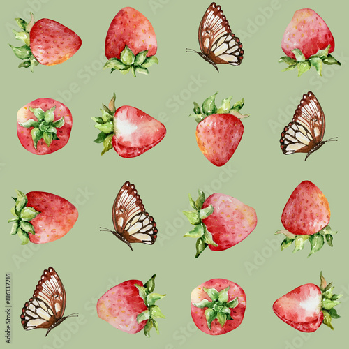 Seamless pattern of watercolor strawberries and butterflies